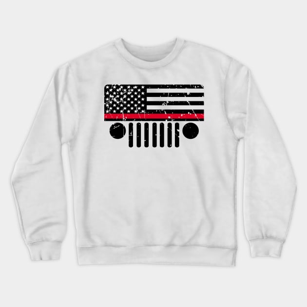 Jeep Firefighter Red Line Flag, Funny Design US Flag Distressed Crewneck Sweatshirt by Printofi.com